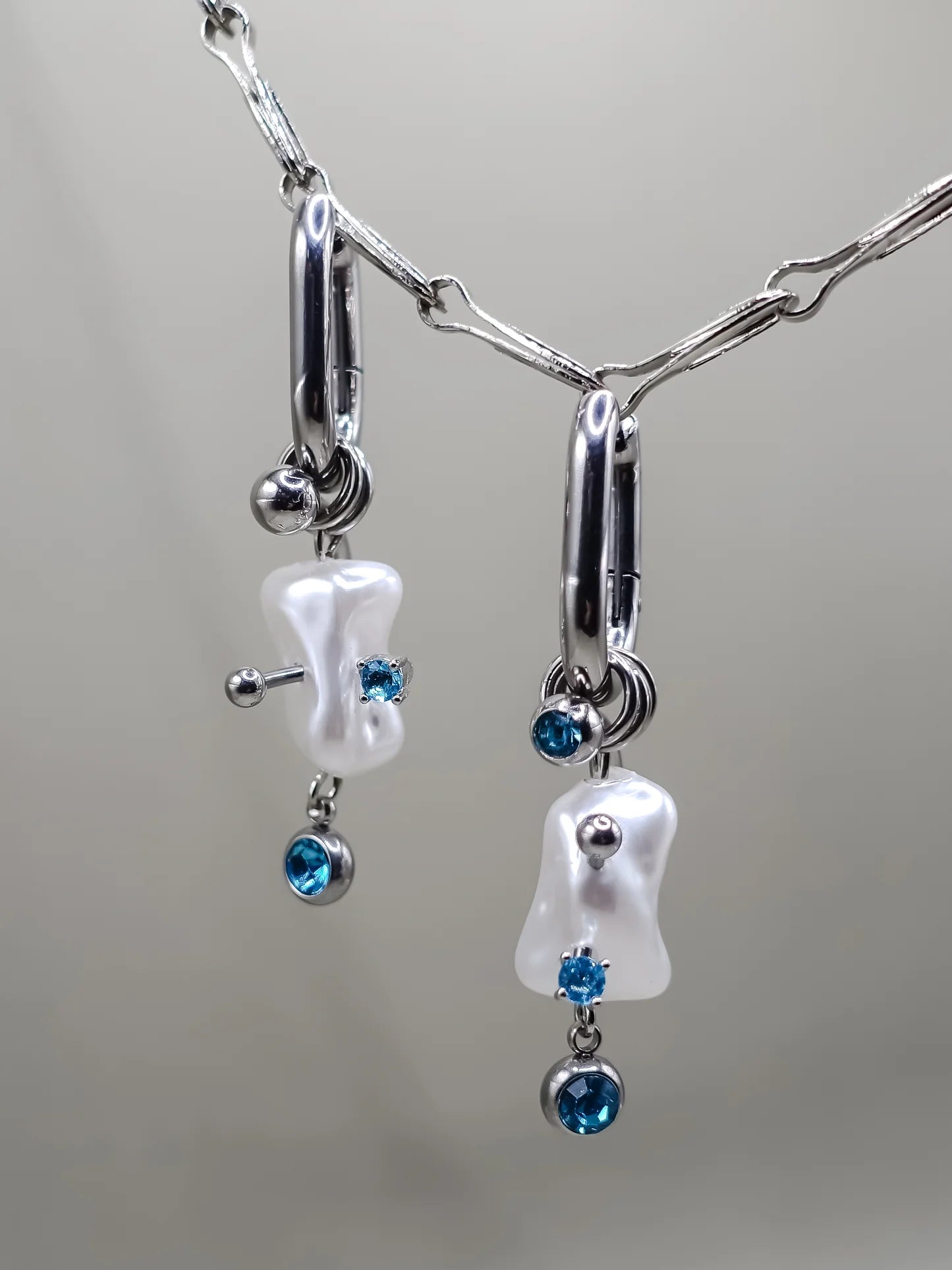 Blue Pearl Piercing Earrings - silver